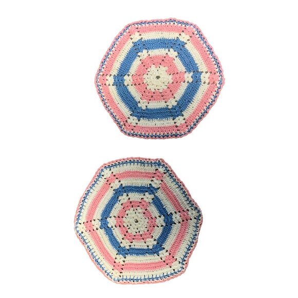 Handmade Crochet Doilies Set of 2 Rainbow Hexagon Pink Blue White 7" Diameter - Picture 1 of 8